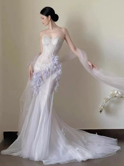 Sexy Mermaid Sweetheart Light Lilac Tulle Prom Dresses Party Dress Summer 20th Birthday Outfits Birthday Dresses W0796