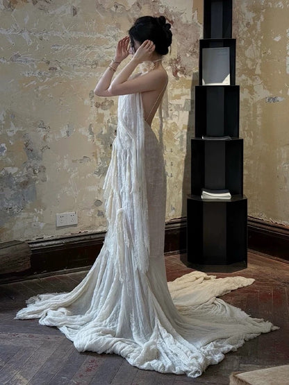 Vintage Wedding Dress A Line Spaghetti Straps Ivory Summer Beach Long Wedding Dresses Bridal Gowns W0800
