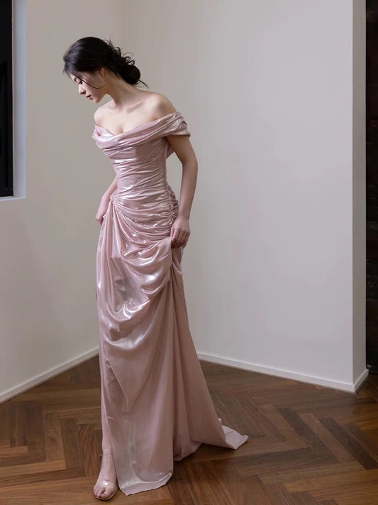 Elegant Mermaid Off The Shoulder Pink Satin Short Sleeves Long Evening Party Gowns Evening Formal Dresses Prom Dress W801