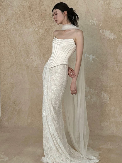 Pretty Wedding Dress Mermaid Strapless White Long Satin Wedding Dresses Bridal Gowns Brides Gown W802