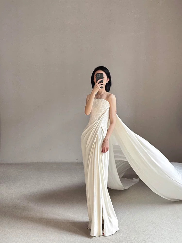 Hübsches Brautkleid Mantel Trägerlos Weiß Lange Satin Brautkleider Brautkleider Bräute Kleid W804