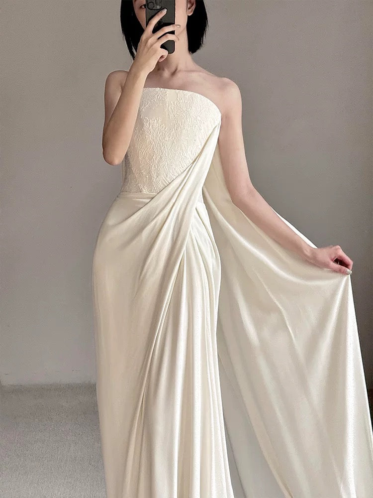 Hübsches Brautkleid Mantel Trägerlos Weiß Lange Satin Brautkleider Brautkleider Bräute Kleid W804