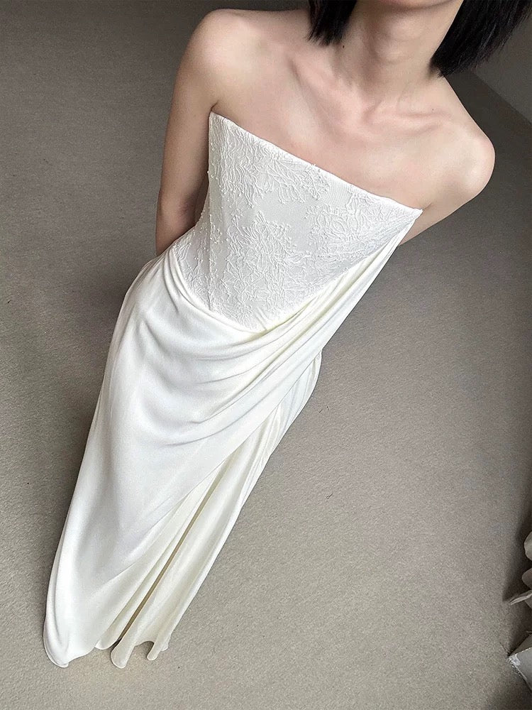 Hübsches Brautkleid Mantel Trägerlos Weiß Lange Satin Brautkleider Brautkleider Bräute Kleid W804