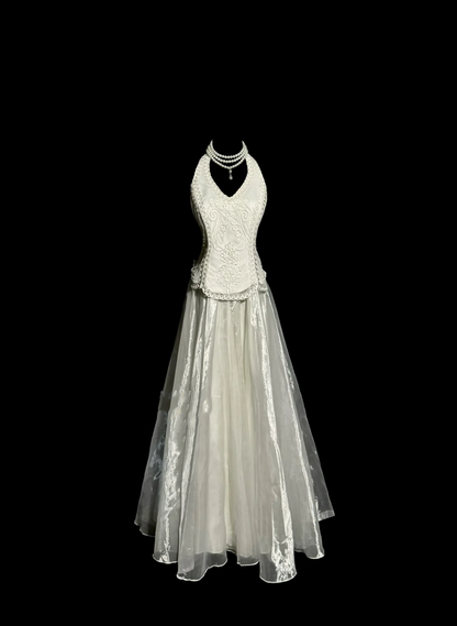 Vintage Bridal Gown 1960s Ball Gown Halter White Sleeveless Lace Long Wedding Dresses Elegant Bridal Gowns W840