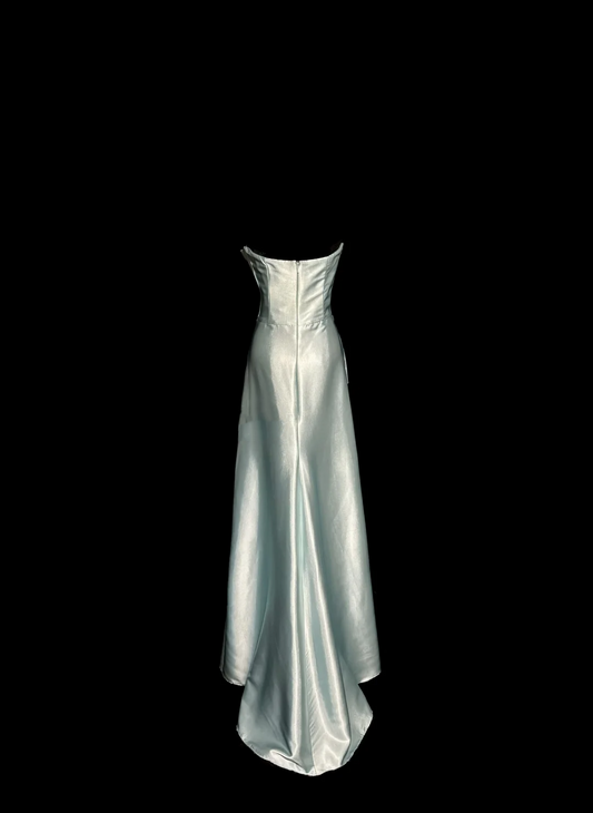 Vintage A line Strapless Sleeveless Light Sky Blue Satin Petite Mother Of Bride Dress Party Gown Floor Length For Summer Women Wedding W842