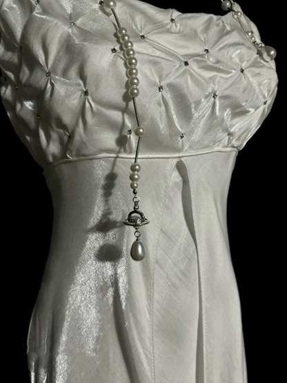 Robe de bal longue en satin blanc à bretelles spaghetti style sirène vintage, tenue de soirée, d'anniversaire, de remise de diplôme, W843