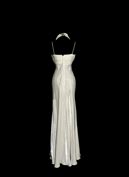 Robe de bal longue en satin blanc à bretelles spaghetti style sirène vintage, tenue de soirée, d'anniversaire, de remise de diplôme, W843