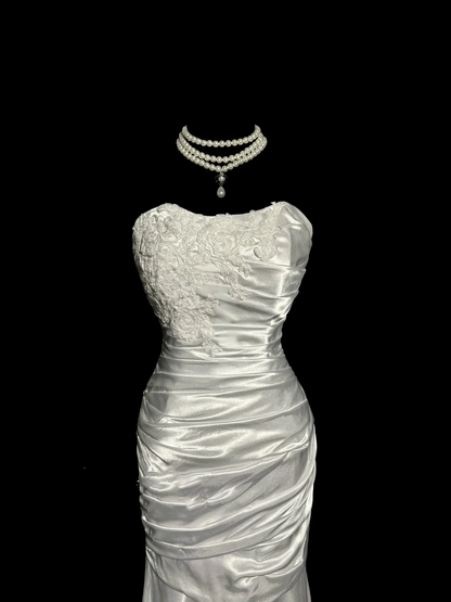 Robe de bal longue en satin blanc style sirène vintage, décolleté en cœur, tenue de soirée pour 20e anniversaire, robe de remise de diplôme, W845