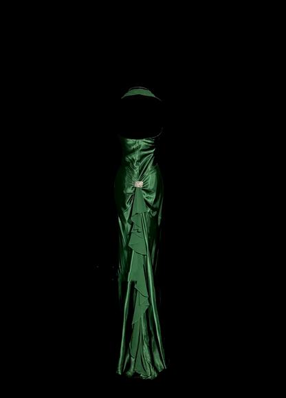 Robe de bal longue en mousseline de soie, style sirène, col licou, vert foncé, style années 90, tenue de soirée pour 21e anniversaire, robe de remise de diplôme, W851