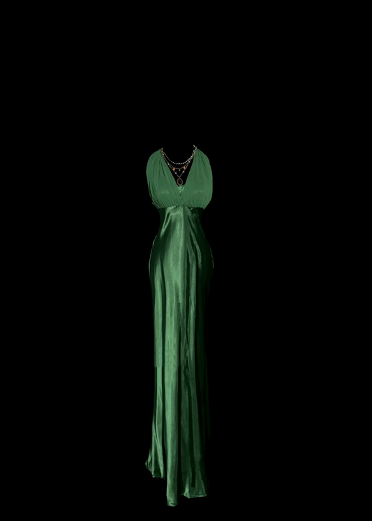 Robe de bal longue en mousseline de soie, style sirène, col licou, vert foncé, style années 90, tenue de soirée pour 21e anniversaire, robe de remise de diplôme, W851