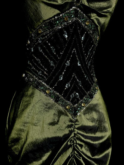 Robe de bal longue en satin style sirène vintage vert olive, col licou, style rétro années 1950, tenue de soirée pour 21e anniversaire, robe de remise de diplôme, W852