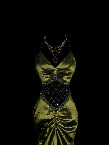 Robe de bal longue en satin style sirène vintage vert olive, col licou, style rétro années 1950, tenue de soirée pour 21e anniversaire, robe de remise de diplôme, W852
