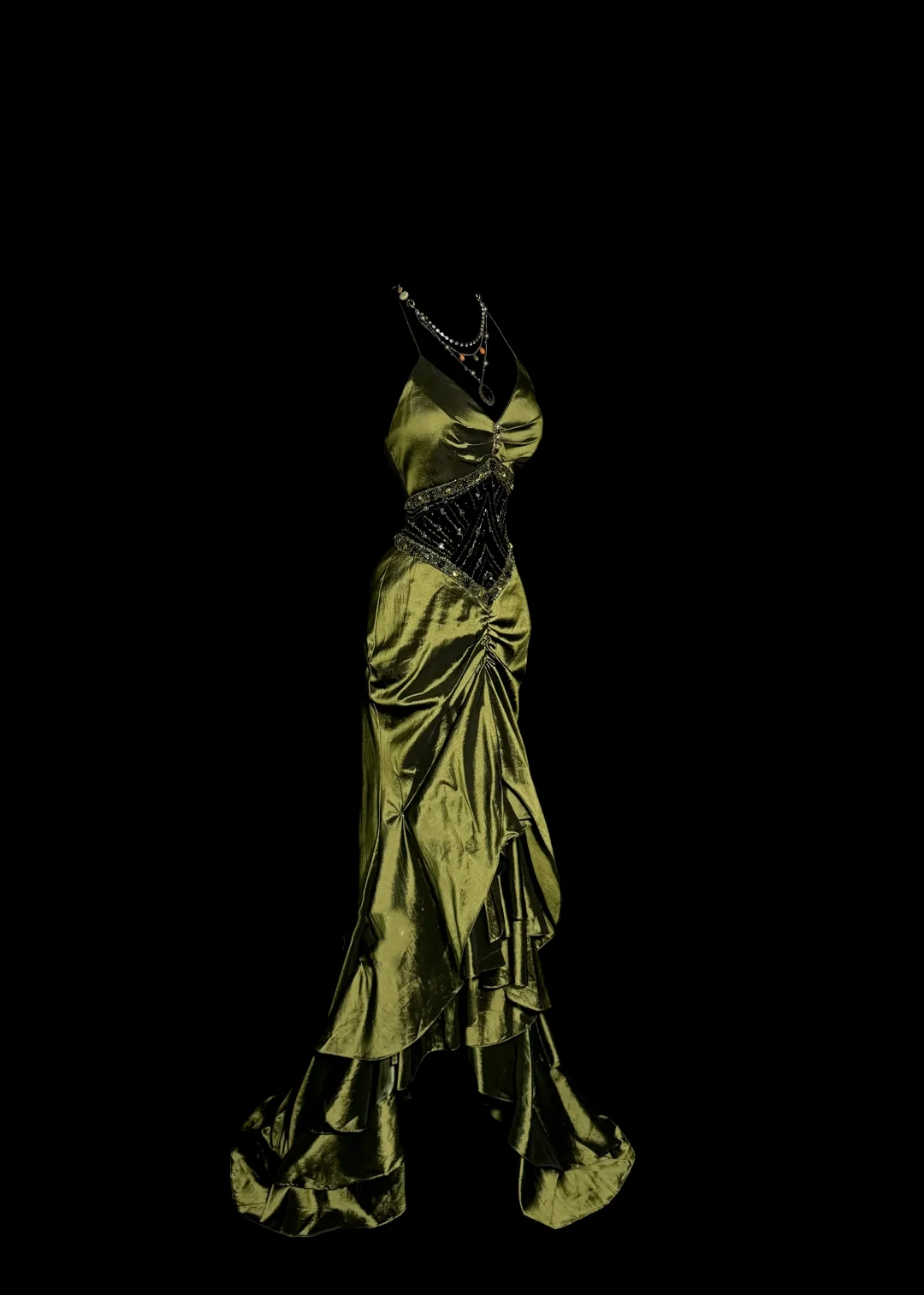 Robe de bal longue en satin style sirène vintage vert olive, col licou, style rétro années 1950, tenue de soirée pour 21e anniversaire, robe de remise de diplôme, W852