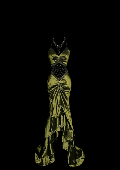 Robe de bal longue en satin style sirène vintage vert olive, col licou, style rétro années 1950, tenue de soirée pour 21e anniversaire, robe de remise de diplôme, W852