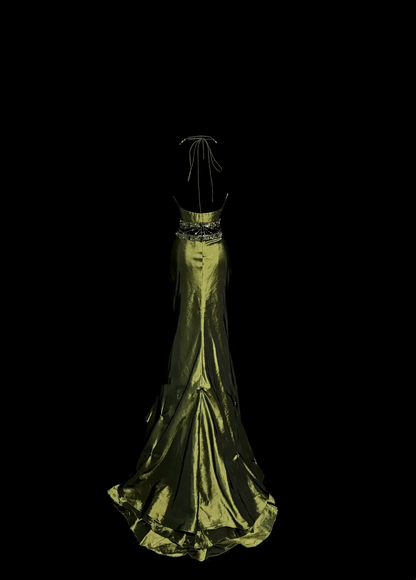 Robe de bal longue en satin style sirène vintage vert olive, col licou, style rétro années 1950, tenue de soirée pour 21e anniversaire, robe de remise de diplôme, W852
