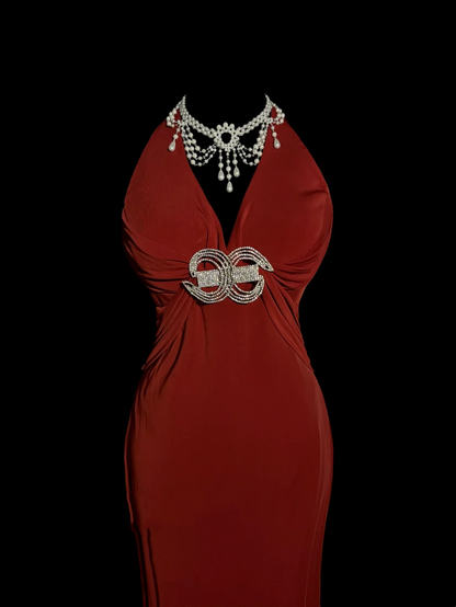 Robe de bal longue en mousseline de soie, style rétro des années 1950, style sirène, col en V, rouge, tenue de soirée pour 21e anniversaire, robe de remise de diplôme, W858