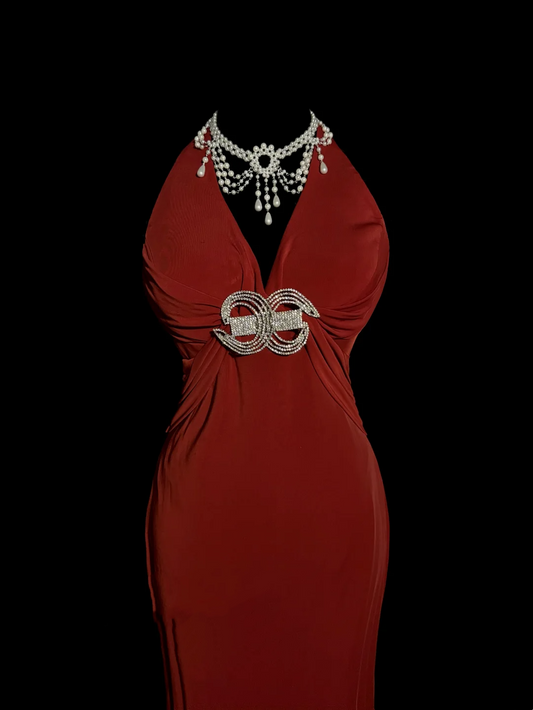 Robe de bal longue en mousseline de soie, style rétro des années 1950, style sirène, col en V, rouge, tenue de soirée pour 21e anniversaire, robe de remise de diplôme, W858