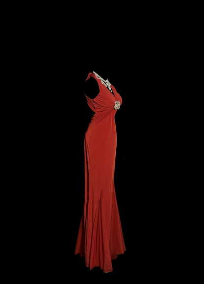 Robe de bal longue en mousseline de soie, style rétro des années 1950, style sirène, col en V, rouge, tenue de soirée pour 21e anniversaire, robe de remise de diplôme, W858