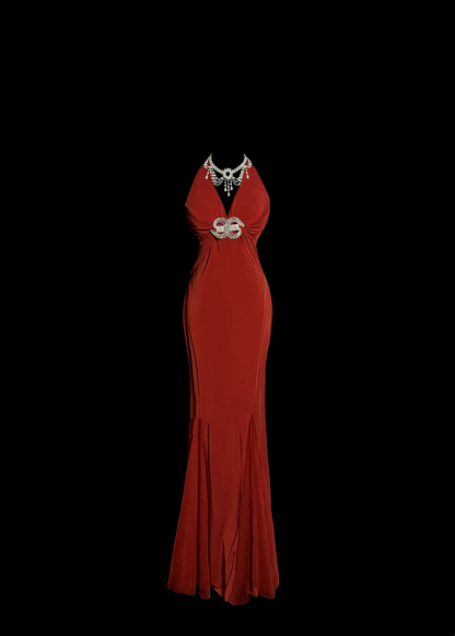 Robe de bal longue en mousseline de soie, style rétro des années 1950, style sirène, col en V, rouge, tenue de soirée pour 21e anniversaire, robe de remise de diplôme, W858