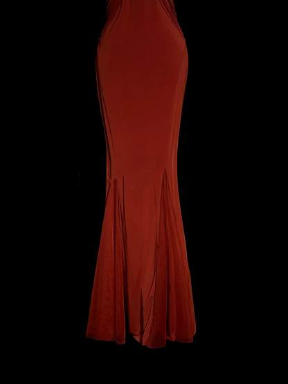 Robe de bal longue en mousseline de soie, style rétro des années 1950, style sirène, col en V, rouge, tenue de soirée pour 21e anniversaire, robe de remise de diplôme, W858