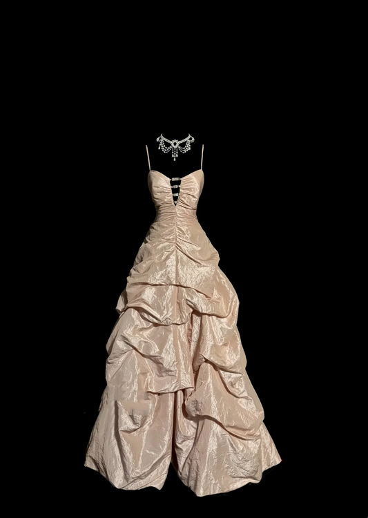 Vintage Ballkleid Spaghettiträger Champagner 90er Jahre Lange Ballkleider Partykleid 30. Geburtstag Outfits Abschlusskleider W859