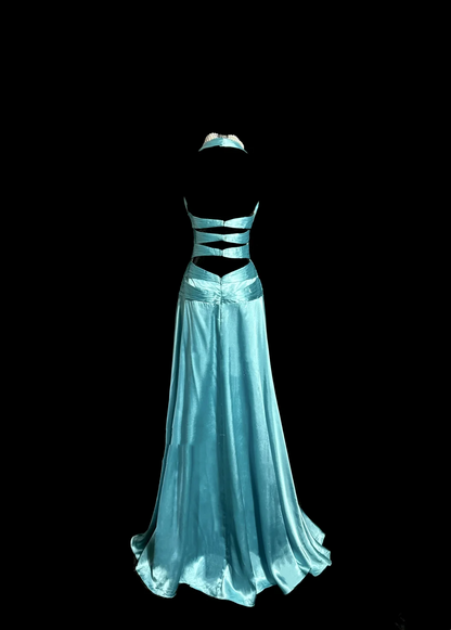 Vintage A line Halter Blue 1950s Retro Classy Satin Long Prom Dresses Party Dress 21st Birthday Outfits Graduation Dresses W870