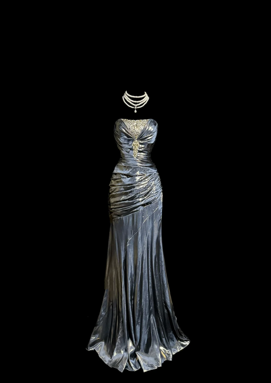 Vintage Mermaid Strapless Gray Satin 90s Long Prom Dresses Party Dress 30th Birthday Outfits Graduation Dresses W871