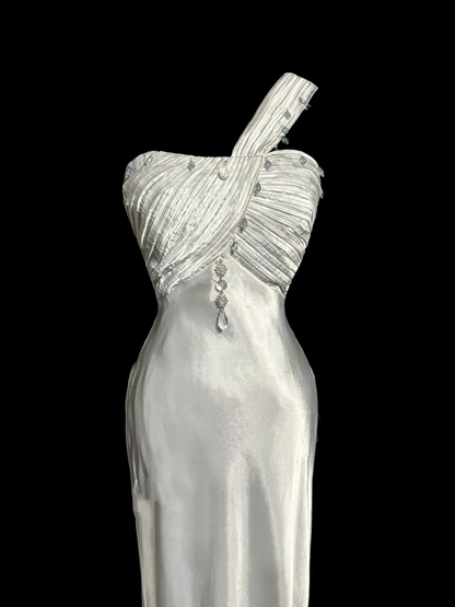 Robe de bal longue vintage style sirène asymétrique en satin style années 90, tenue de soirée pour 30e anniversaire, robe de remise de diplôme, W874