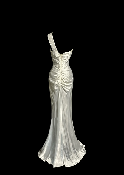 Robe de bal longue vintage style sirène asymétrique en satin style années 90, tenue de soirée pour 30e anniversaire, robe de remise de diplôme, W874