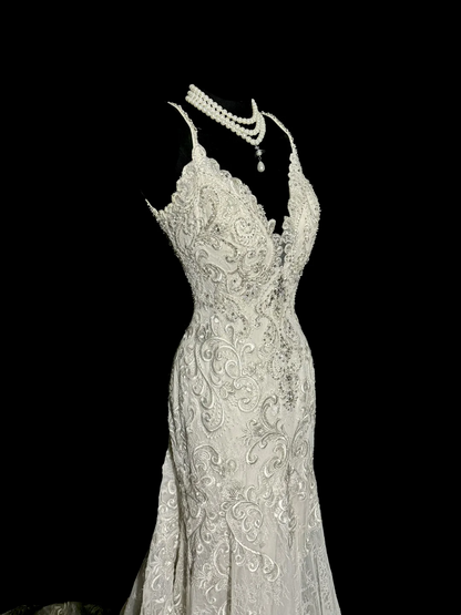 Robe de mariée vintage sirène à bretelles spaghetti en dentelle, longue robe de mariée rétro, robes de mariée modestes W877