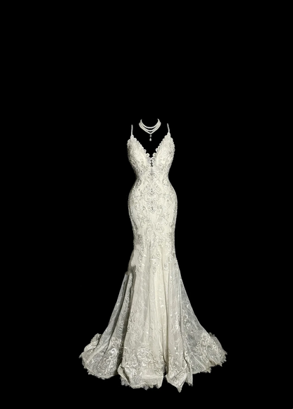 Robe de mariée vintage sirène à bretelles spaghetti en dentelle, longue robe de mariée rétro, robes de mariée modestes W877