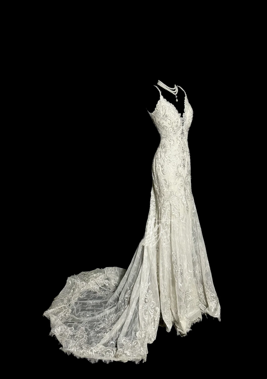 Robe de mariée vintage sirène à bretelles spaghetti en dentelle, longue robe de mariée rétro, robes de mariée modestes W877