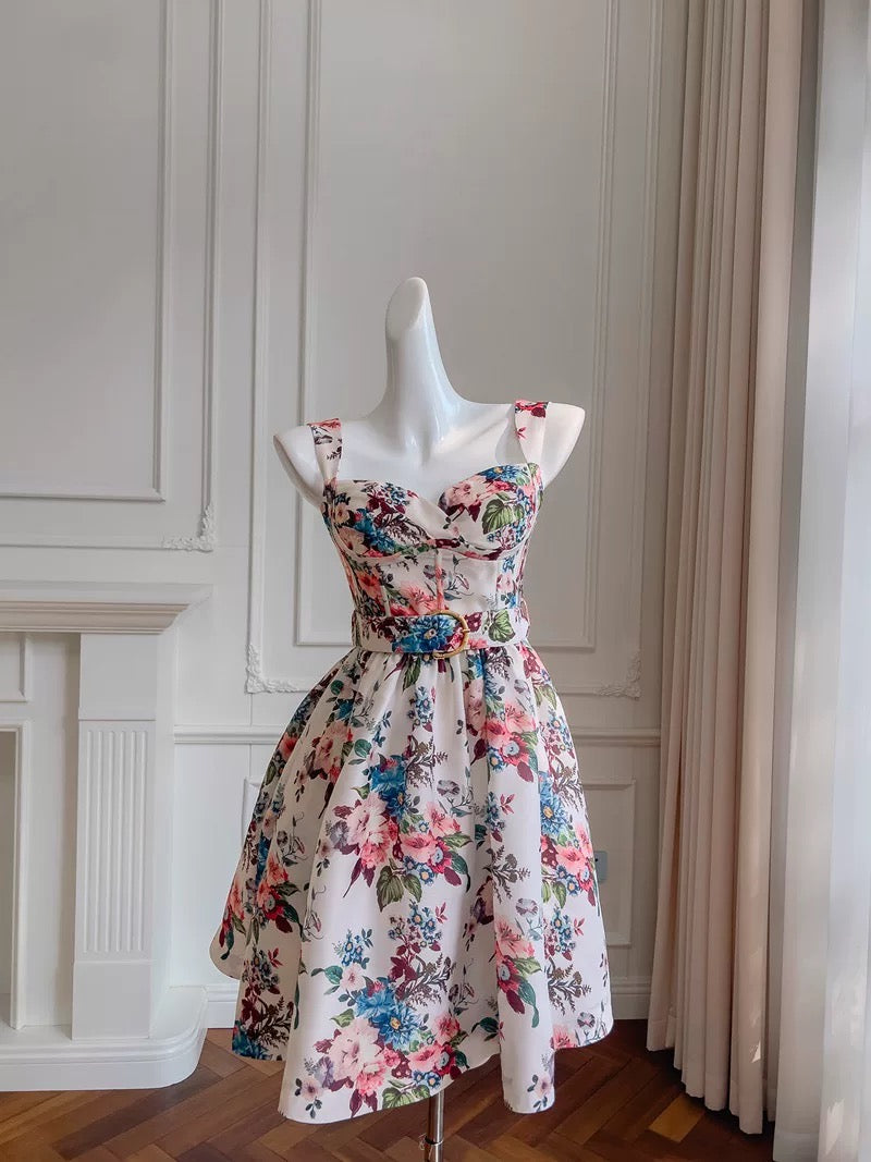 Pretty A line Straps Floral Satin Summer 16th Birthday Dresses For Teens Hoco Dress Mini 18th Birthday Outfit Cocktail Dresses For Women W880