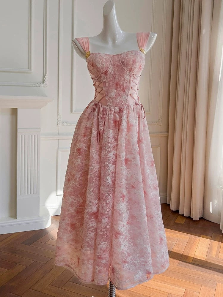 Elegant A line Square Pink Lace Sleeveless Chiffon Long Evening Party Gowns Evening Formal Dresses Prom Dress W886