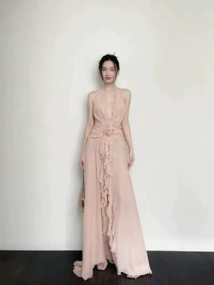 Elegante A-Linie Erröten Rosa Ärmelloses Chiffon Lange Abendkleider Partykleider Abendkleider Abendkleid W890