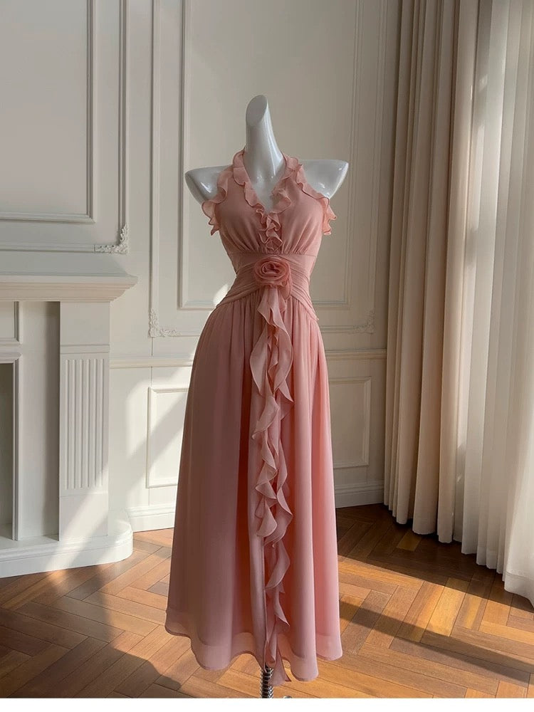 Elegante A-Linie Erröten Rosa Ärmelloses Chiffon Lange Abendkleider Partykleider Abendkleider Abendkleid W890