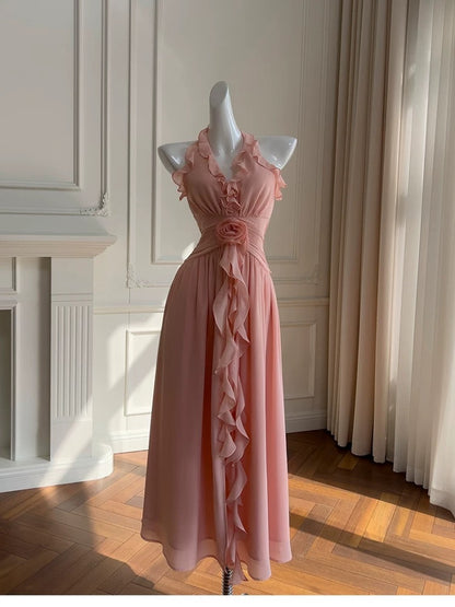 Elegante A-Linie Erröten Rosa Ärmelloses Chiffon Lange Abendkleider Partykleider Abendkleider Abendkleid W890