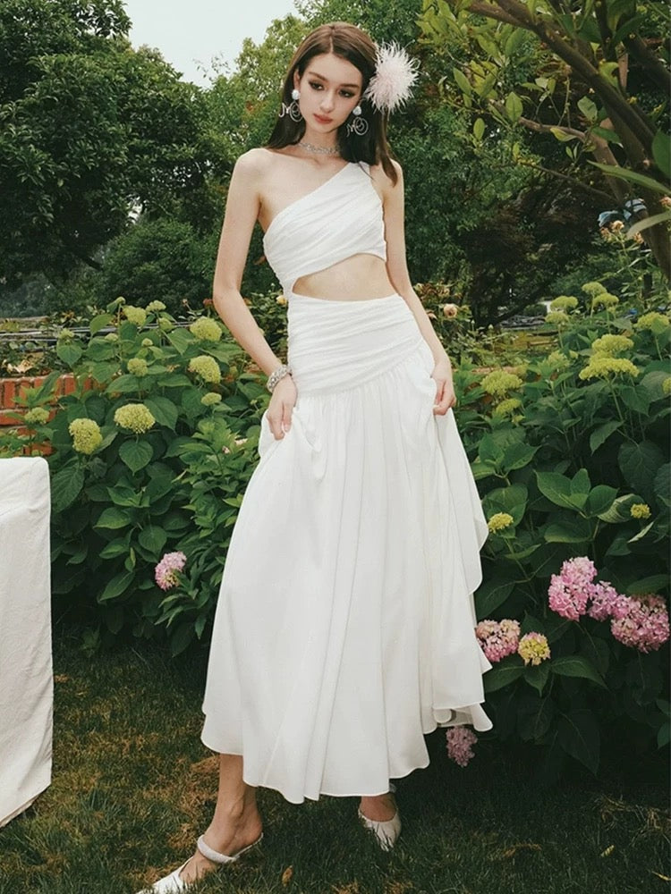 Elegante A-Linie Eine Schulter Ärmelloses Weißes Langes Abendkleid Partykleider Abendkleider Abendkleid W897
