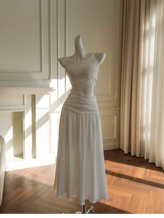 Elegant A line One Shoulder Sleeveless White Long Evening Party Gowns Evening Formal Dresses Prom Dress W897
