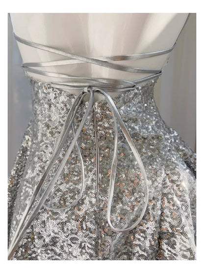 Pretty A line Halter Silver Sequin Summer 16th Birthday Dresses For Teens Hoco Dress Mini 18th Birthday Outfit Cocktail Dresses For Women W899
