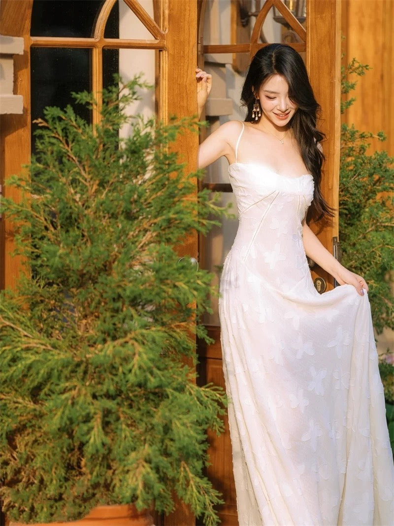 Elegante A-Linie Spaghettiträger Ärmellose Spitze Weiß Lange Abendkleider Partykleider Abendkleider Ballkleid W902