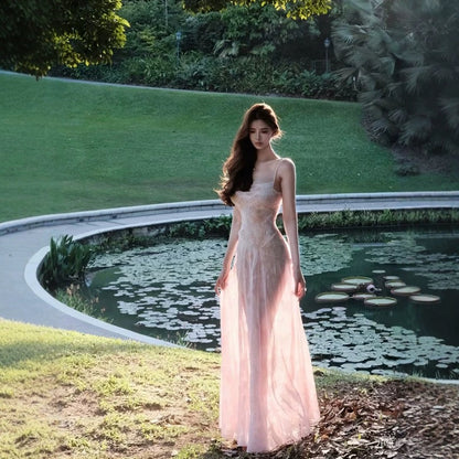 Elegante A-Linie Spaghettiträger Ärmellose Spitze Weiß Lange Abendkleider Partykleider Abendkleider Ballkleid W902