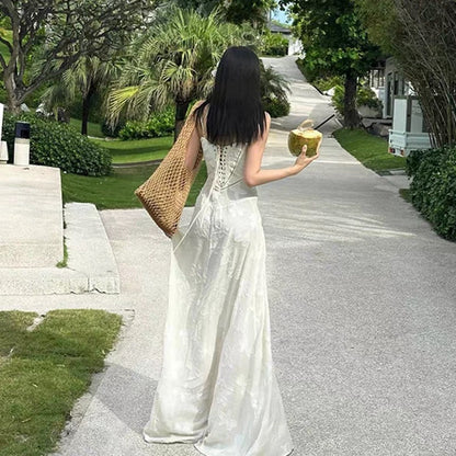 Elegante A-Linie Spaghettiträger Ärmellose Spitze Weiß Lange Abendkleider Partykleider Abendkleider Ballkleid W902