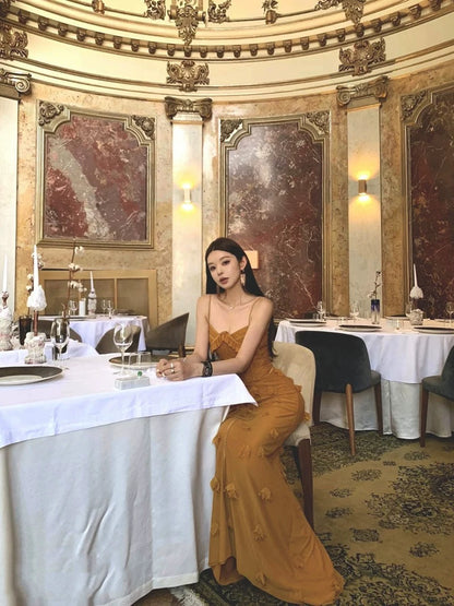 Elegante Meerjungfrau Spaghetti-Trägern Ärmellose Lange Abendkleider Party Kleider Abendkleider Gelb Abendkleid W904