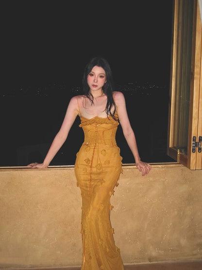 Elegante Meerjungfrau Spaghetti-Trägern Ärmellose Lange Abendkleider Party Kleider Abendkleider Gelb Abendkleid W904