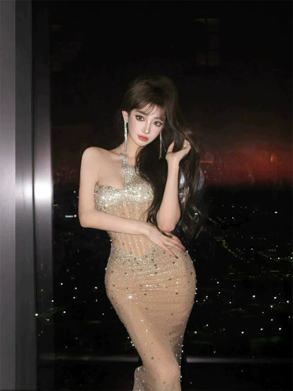 Elegante Meerjungfrau Schatz Champagner Ärmellose Lange Abend Party Kleider Abend Formale Kleider Prom Kleid W905