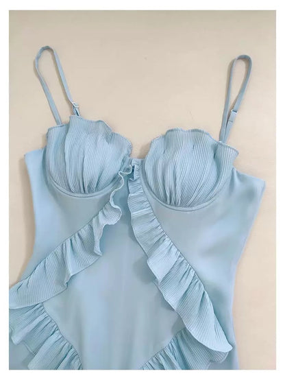 Elegante Mantel Spaghetti-Trägern Blau Chiffon Ärmellose Lange Abend Party Kleider Abend Formale Kleider Prom Kleid W912
