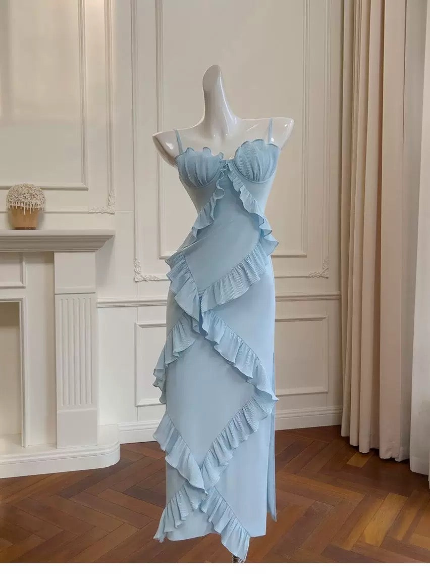 Elegante Mantel Spaghetti-Trägern Blau Chiffon Ärmellose Lange Abend Party Kleider Abend Formale Kleider Prom Kleid W912