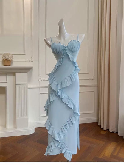 Elegante Mantel Spaghetti-Trägern Blau Chiffon Ärmellose Lange Abend Party Kleider Abend Formale Kleider Prom Kleid W912
