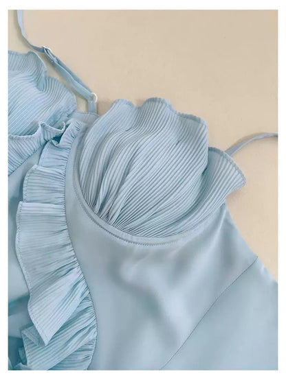 Elegante Mantel Spaghetti-Trägern Blau Chiffon Ärmellose Lange Abend Party Kleider Abend Formale Kleider Prom Kleid W912